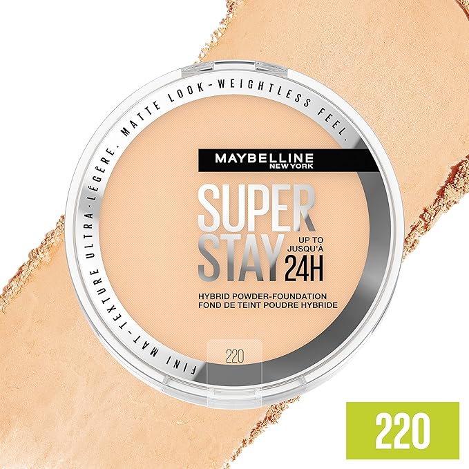 Maybelline Super Stay Up to 24HR Hybrid Powder-Foundation, Medium-to-Full Coverage Makeup, Matte Finish, 220, 1 Count-VivaGrace Women