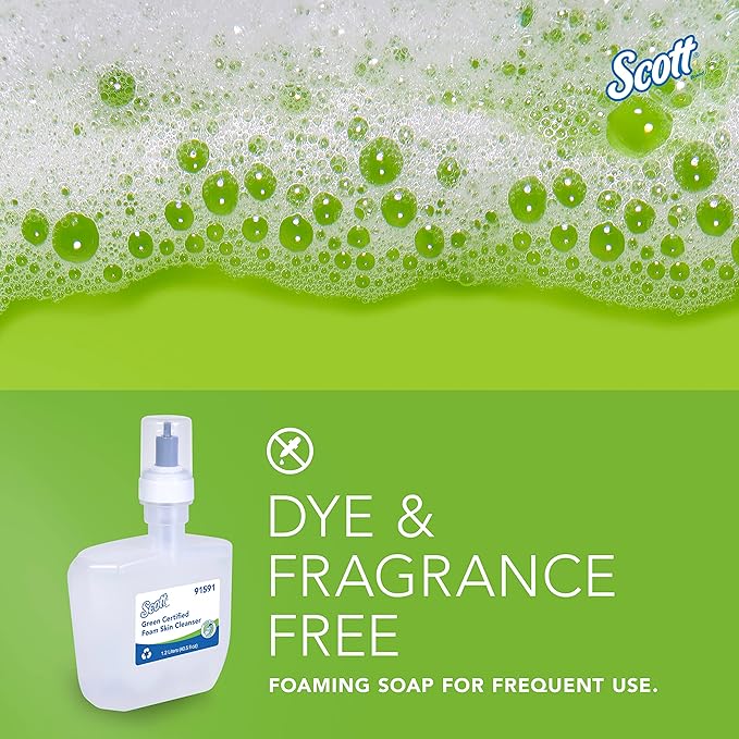 Scott Professional Green Certified Foam Hand Soap (91591), 1.2 L, Foaming, Clear, No Fragrance Added, Ecologo, NSF E-1 Rated, Automatic Refills (2 Bottles)