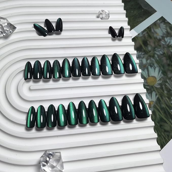 KQueenest Cat Eye Emerald Green Press on Nails Almond Shape, 30 Pcs Glitter Fake Nails Medium, Thick Sparkly Black Nails Press on, Shiny Acrylic Nails, Cute Bling Stick on Nails for Women