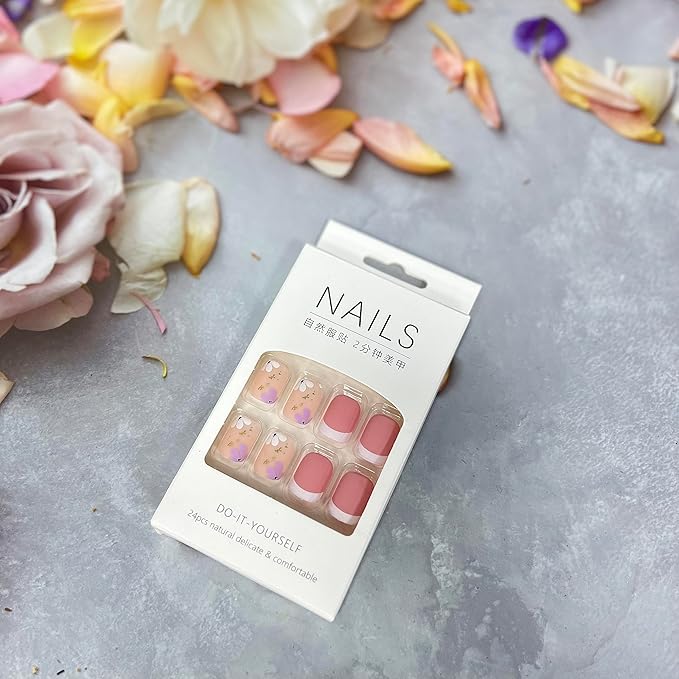French Tip Press on Nails Short Petite Fake Nails Square Matte False Nails with Flower Designs Acrylic Nails Cute Extra Short Pink Glue on Nails Reusable Artificial Stick on Nails for Women Girls