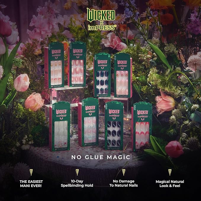WICKED X imPRESS Design Press On Nails , The EASIEST NO GLUE Mani, Super Hold Adhesive, ‘The Green Elixir’, Green, Short Oval, Includes 30 Fake Nails, 1 Prep Pad, 1 Manicure Stick, 1 Mini File