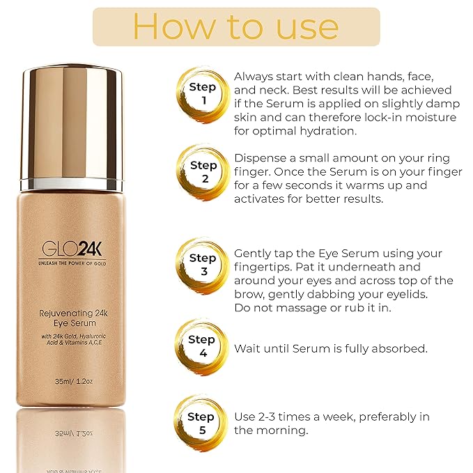 GLO24K Eye Serum with 24k Gold, Hyaluronic Acid, and Vitamins A,C,E. Potent Formula for the delicate skin around the eyes.-VivaGrace Women