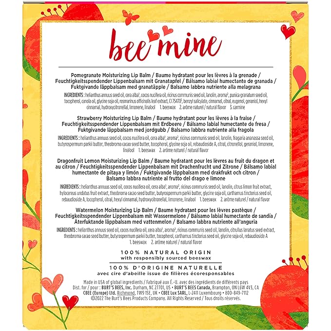 Burt's Bees Bee Mine Lip Balm Gift Set, Strawberry, Dragonfruit Lemon, Pomegranate and Watermelon, 4 Personalized Lip Balms, Pack May Vary-VivaGrace Women