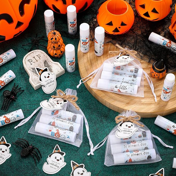 Demissle 50 Pcs Baby Shower Lip Balm Gift Set with 100 Pcs Organza Bags Baby Shower Party Favor for Guest Thank You Tag Rope Baby Shower Party Decoration Gender Reveal Souvenirs (Ghost)-VivaGrace Women