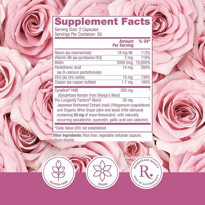 Reserveage Beauty, Keratin Hair Booster with Biotin & Resveratrol, Hair and Nail Growth Supplement for Men and Women, Supports Healthy Thickness and Shine with Biotin, 60 Capsules (30 Servings)-VivaGrace Women