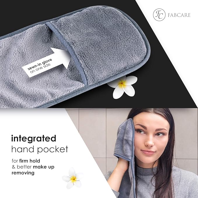 FABCARE Makeup Remover Cloth Microfibre (4 Pieces) - DERMATEST Very Good - Washable up to 95°C - Integrated Removal Glove for Face - Reusable and Washable Microfibre Cloths for Skincare