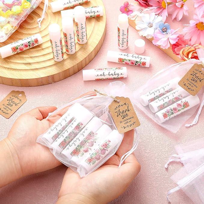Demissle 50 Pcs Baby Shower Lip Balm Gift Set with 100 Pcs Organza Bags Baby Shower Party Favor for Guest Thank You Tag Rope Baby Shower Party Decoration Gender Reveal Souvenirs(Watercolor Flower)-VivaGrace Women