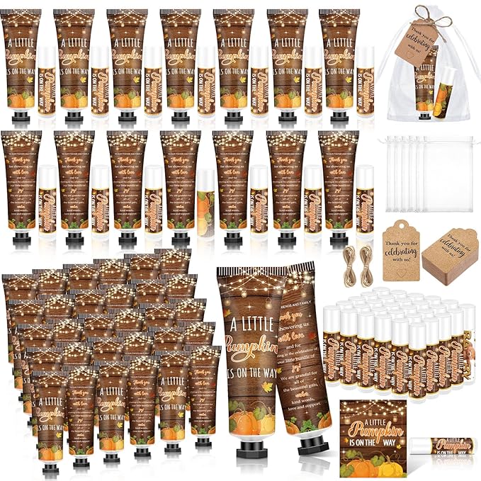 50 Sets 200 Pcs Baby Shower Hand Lotion and Lip Balm Gift Theme Baby Shower Party Favors Travel Size Hand Lotion and Lip Balm Bulk with Organza Bags Tags(Rustic Pumpkin)-VivaGrace Women