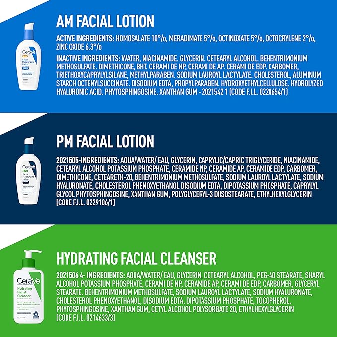CeraVe AM Face Moisturizer with SPF, PM Face Moisturizer & Hydrating Face Wash Skin Care Routine for Morning & Night | Travel Size Toiletries | 3oz Lotion + 3oz Lotion + 3oz Cleanser-VivaGrace Women