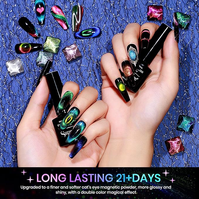 Cat Eye Gel Nail Polish Set - 12 Colors 9D Magnetic Nail Polish Gel Galaxy Cateye Nail Gel Polish with 1 Black Gel and Magnetic Lamp Cure Required Home Manicure DIY Nail Art