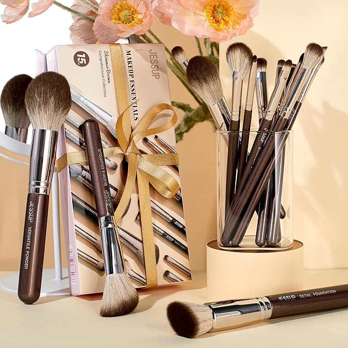 Jessup Makeup Brushes Set 15pcs Brown Make up Brushes Set Professional Premium Synthetic Foundation Eyebrow Concealer Blush Eyeshadow Contour Eyeliner Powder Blending Highlighter Brush, T498-VivaGrace Women