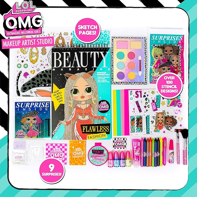 Horizon Group USA LOL OMG Make Up Artist Studio, DIY Craft Kit, Design with Brushes, Crayons & Stickers.Use Stencils to Color in Make-Up.Nail Polish, Decals & Surprise Blind Bags Included-VivaGrace Women