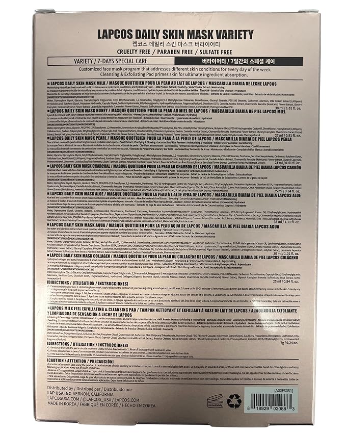 LAPCOS Daily Sheet Mask Variety Pack 7+1 (Version 1) Daily Face Masks - Hydrate, Clarify, Nourish, Exfoliate & Renew Skin, Korean Beauty Favorite (8 pack)-VivaGrace Women