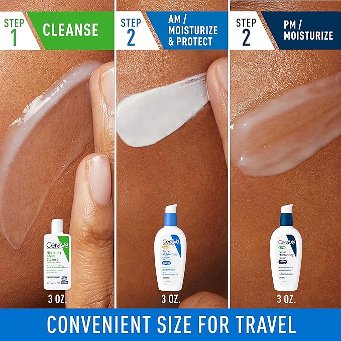 CeraVe AM Face Moisturizer with SPF, PM Face Moisturizer & Hydrating Face Wash Skin Care Routine for Morning & Night | Travel Size Toiletries | 3oz Lotion + 3oz Lotion + 3oz Cleanser-VivaGrace Women