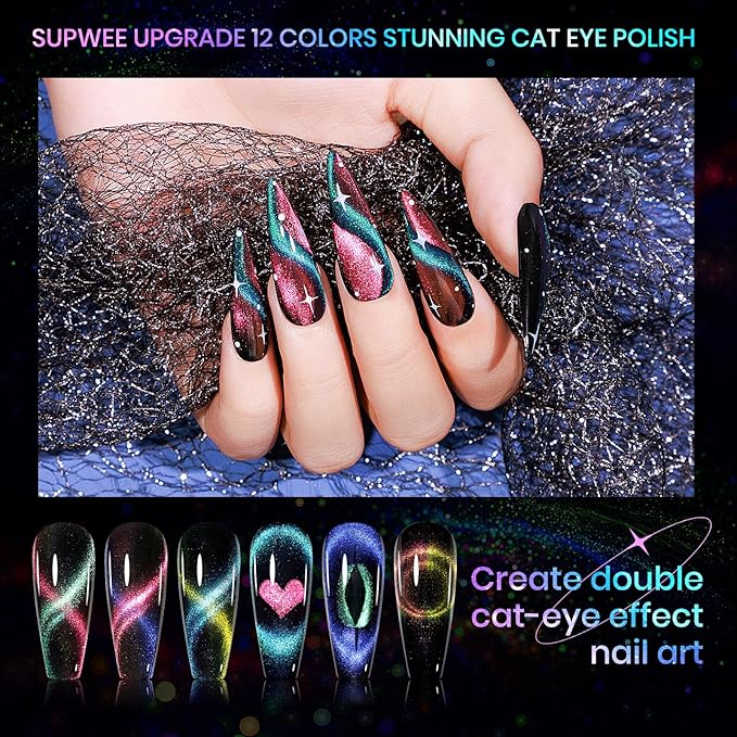 Cat Eye Gel Nail Polish Set - 12 Colors 9D Magnetic Nail Polish Gel Galaxy Cateye Nail Gel Polish with 1 Black Gel and Magnetic Lamp Cure Required Home Manicure DIY Nail Art