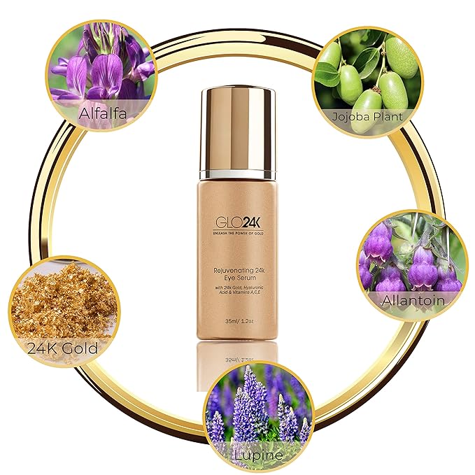 GLO24K Eye Serum with 24k Gold, Hyaluronic Acid, and Vitamins A,C,E. Potent Formula for the delicate skin around the eyes.-VivaGrace Women