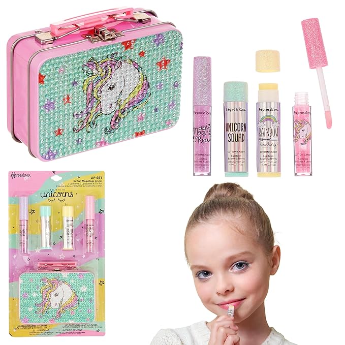 Expressions 5pc Cosmetics Lip Kit For Kids w/Lip Glosses, Lip Balms & Tin Box Storage Case I Believe in Unicorns Rhinestone,Washable + Non Toxic-VivaGrace Women