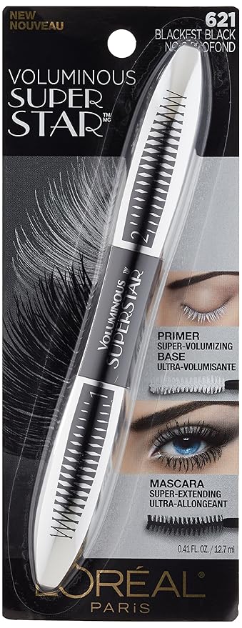 L'Oreal Paris Cosmetics Voluminous Superstar Mascara, Washable, Blackest Black, 0.41 Fl. Oz, 1 Count