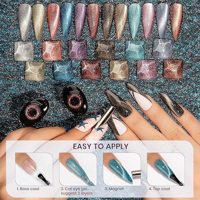 Reflective Cat Eye Gel Nail Polish Sparkling Holographic Magnetic Nail Polish Gel 9D Cateye Gel Polish Set 12 Colors with Magnet for Home DIY Manicure Nail Salon