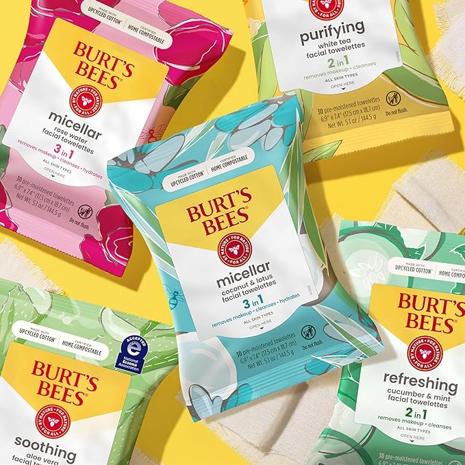 Burt's Bees Purifying Facial Towelettes With White Tea, Pre-Moistened Towelettes for All Skin Types, 99.1 Percent Natural Origin Skin Care, 30 ct. Package