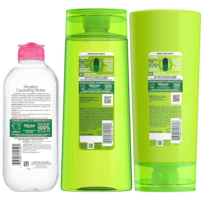 Garnier Back to School Bundle|Micellar Water (400mL) + Fructis Sleek & Shine Shampoo (22 Fl Oz), Conditioner (21 Fl Oz) (3 Items), 1 Kit (Packaging May Vary)-VivaGrace Women