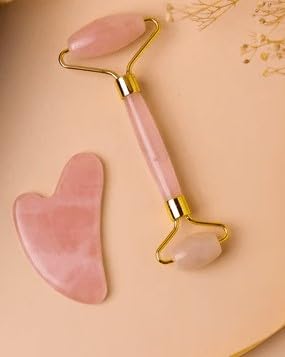 Rose Quartz Roller and Gua sha Set | Reduces Wrinkles, Fine lines and Dark Circles | Pink Jade Roller | Anti-aging Massager for Skin Toning and Tightening for Face, Eyes, Neck-VivaGrace Women