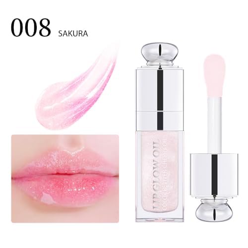Plumping Lip Oil,Hydrating Gloss Tinted Lip Balm Transparent Lip Care,Big Brush Head Glitter Shine,Long Lasting Nourishing Non-sticky Fresh Textureand Dry Lips Lip Care Products0.2 OZ(008# SAKURA)-VivaGrace Women