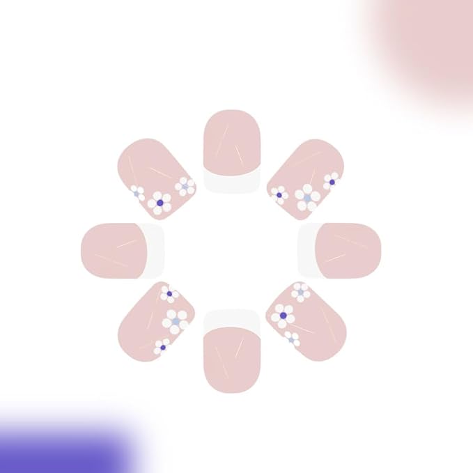 24Pcs Short Press on Nails White French Tip Fake Nails Small Flower Glue on Nails Spring False Nails Full Cover Glossy Stick on Nails Cute Flower Fake Nails for Women Manicure Kit