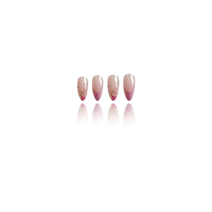 Pink French tips Press on Nails Medium Almond Fake Nails with Design Pink Flower Glue on Nails Glossy Daisy Spring Nails Reusable Summer False Nails for Women Girls Manicure 24pcs