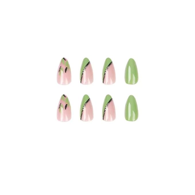 Green Press on Nails Medium Almond Fake Nails with Design Green Leaf Glue on Nails Cute False Nails Glossy Nails Tips Full Cover Acrylic Stick on Nails for Women Girls Manicure 24pcs