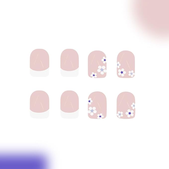 24Pcs Short Press on Nails White French Tip Fake Nails Small Flower Glue on Nails Spring False Nails Full Cover Glossy Stick on Nails Cute Flower Fake Nails for Women Manicure Kit