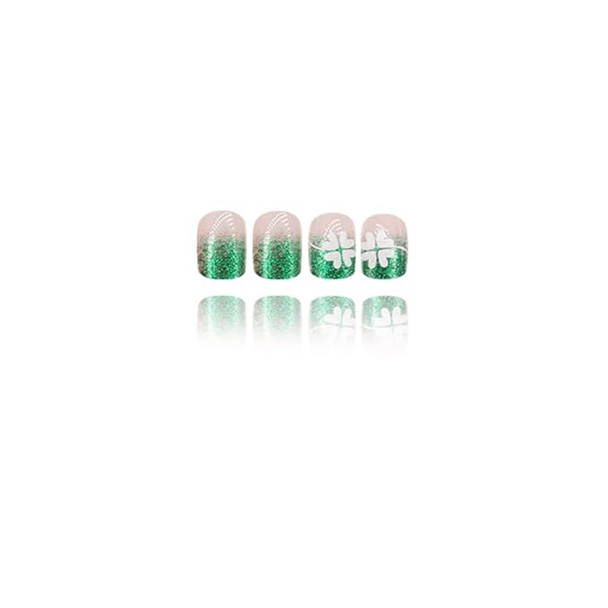 St. Patrick's Press on Nails Clover Short Square Fake Nails Green French Tip False Nails Green Glitter Acrylic Nails Nude Pink Stick on Nails St. Patrick's Glue on Nails for Women