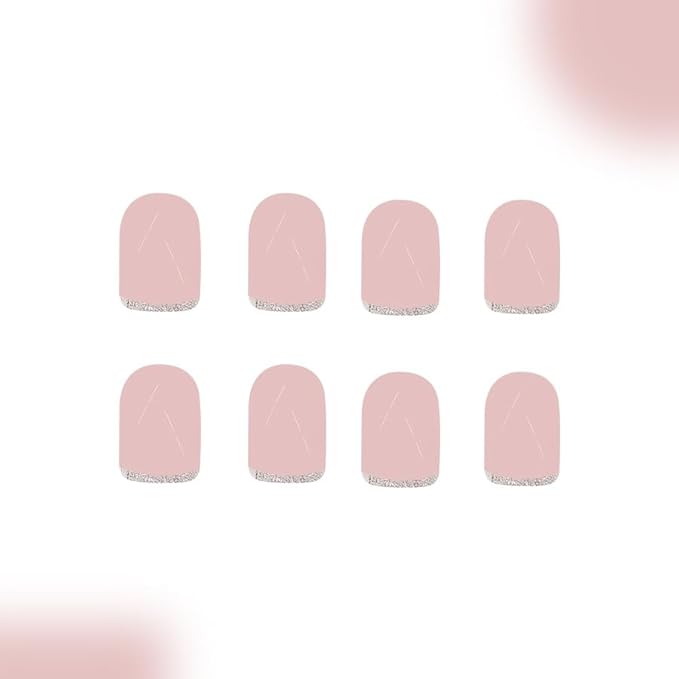 Short Press on Nails Gold Glitter Tip Fake Nails Nude Pink Stick on Nails Square False Nails Full Cover Glue on Nails Spring French Tip Stick on Nails for Women and Girls 24Pcs