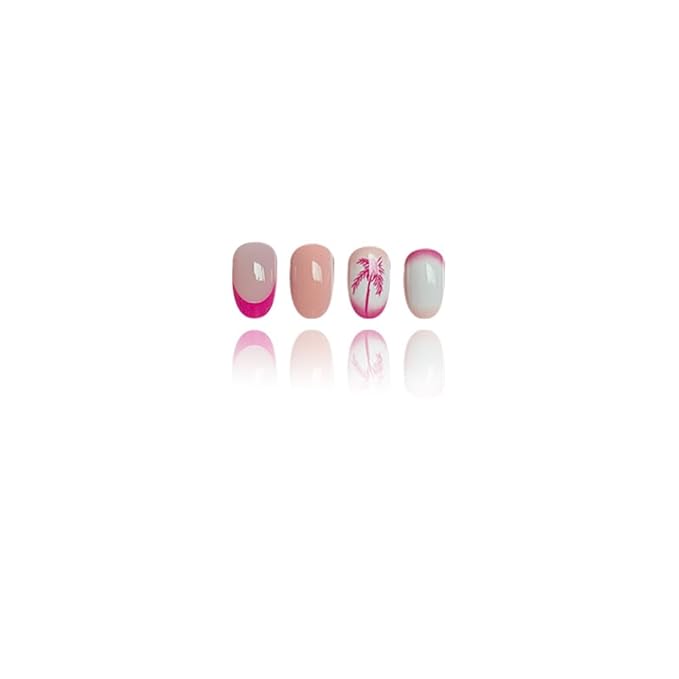 Coconut Tree Press on Nails Medium Almond Fake Nails with Design Ombre Orange Glue on Nails Glossy Spring Nails Reusable Pink French tips Gradient Summer False Nails for Women Girls Manicure 24pcs