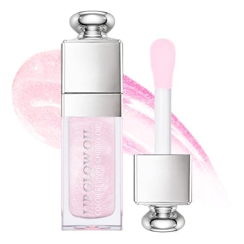 Plumping Lip Oil,Hydrating Gloss Tinted Lip Balm Transparent Lip Care,Big Brush Head Glitter Shine,Long Lasting Nourishing Non-sticky Fresh Textureand Dry Lips Lip Care Products0.2 OZ(008# SAKURA)-VivaGrace Women
