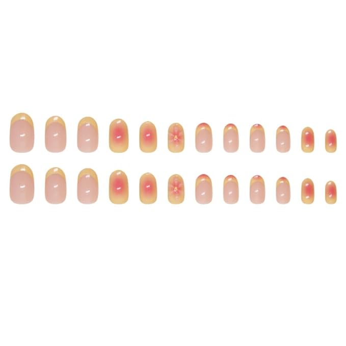 24Pcs Almond Press on Nails Flower Summer Fake Nails with 3D Floral Designs French Tip Pink Acrylic False Nails Cute Glue on Nails Medium Almond Nails Press ons for Women Girls