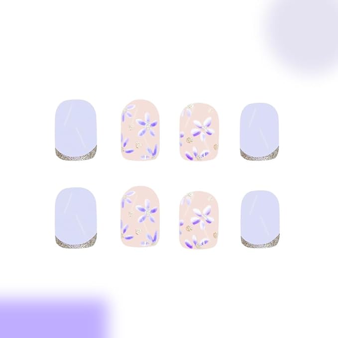 Short Press on Nails Mummer Square Fake Nails Purple Flower False Nails with Glitter Designs Cute French Tip Artificial Acrylic Nails Press ons Reusable Stick on Nails Summer Glue on Nails for Women