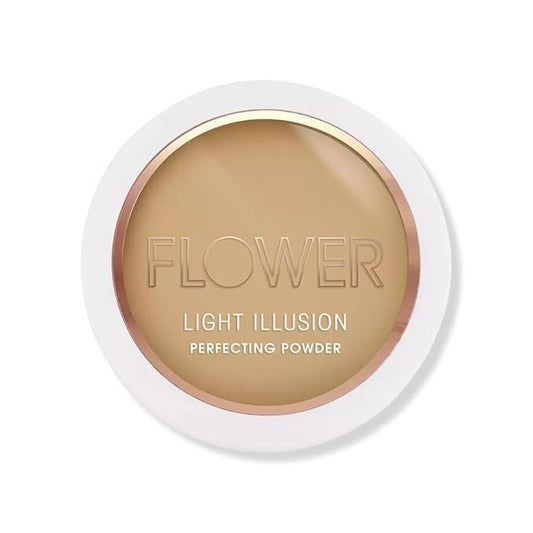 FLOWER Beauty By Drew Barrymore Light Illusion Perfecting Powder - Powder Foundation + Setting Powder for Makeup - Medium Buildable Coverage - Natural Glow + Flawless Finish - Mirror + Sponge Include d (Caramel)-VivaGrace Women