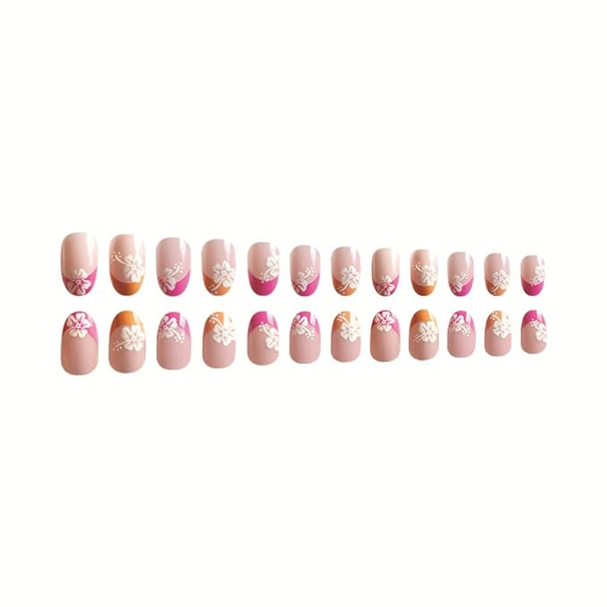 Pink Orange French tips Press on Nails Medium Almond Fake Nails with Design White Flower Glue on Nails Glossy Spring Nails Reusable Summer False Nails for Women Girls Manicure 24pcs