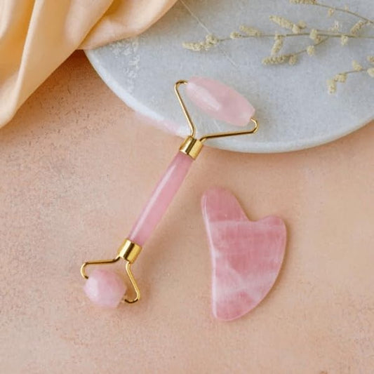 Rose Quartz Roller and Gua sha Set | Reduces Wrinkles, Fine lines and Dark Circles | Pink Jade Roller | Anti-aging Massager for Skin Toning and Tightening for Face, Eyes, Neck-VivaGrace Women