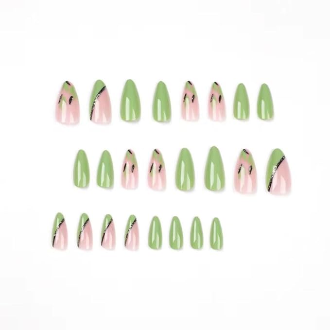 Green Press on Nails Medium Almond Fake Nails with Design Green Leaf Glue on Nails Cute False Nails Glossy Nails Tips Full Cover Acrylic Stick on Nails for Women Girls Manicure 24pcs