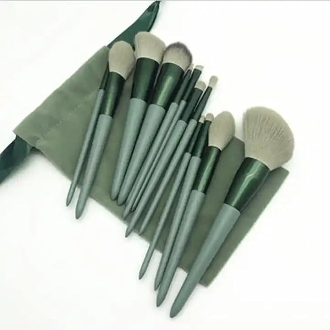 Foundation Makeup Brush Set Kit | 13 Pcs Premium Synthetic Kabuki Eye Shadows Make Up Brushes + 1 Sponge + 1 Brush Bag for Travel and Home Use (GREEN)-VivaGrace Women