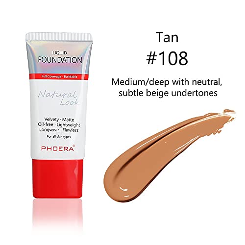 AQUAPURITY PHOERA Full Coverage Foundation New Formula Waterproof Long Lasting Oil Free Velvet Matte Liquid Foundation for Oily Skin Flawless Makeup Base Cream Concealer (108 Tan)-VivaGrace Women