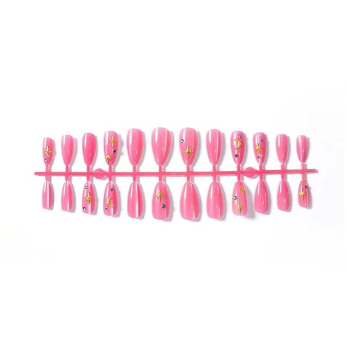 Pink Press on Nails Medium Almond Fake Nails Rhinestone False Nails with Design Star Moon Glue on Nails Glossy Acrylic Full Cover Reusable Shiny Glitter Stick on Nails for Women Girls Manicure 24pcs