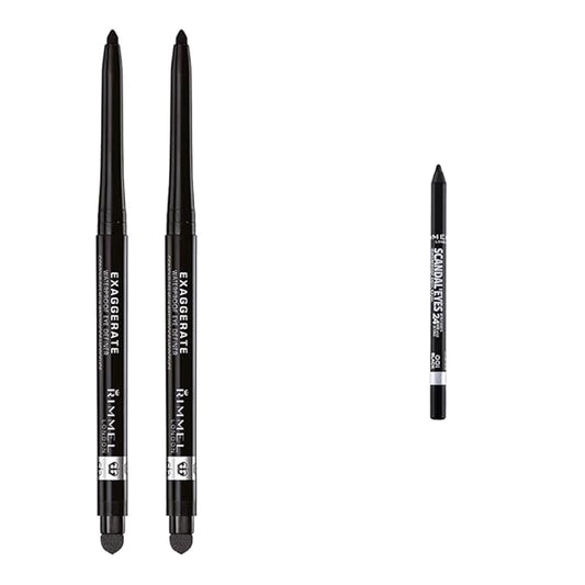Rimmel London Exaggerate Auto Waterproof Eye Definer Blackest Black 2 Count & Scandaleyes Waterproof Gel Pencil Eyeliner Black