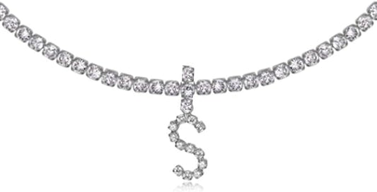 Silver Choker Necklace Rhinestones Shinning Letter M Fashion Letter A Sparkly Letter S Jewelry for Women Girls-VivaGrace Women