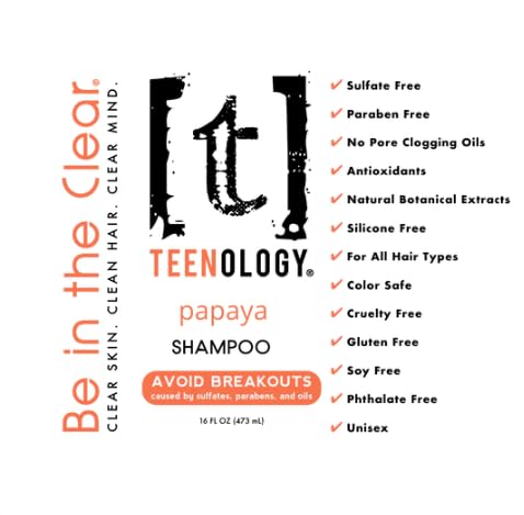 Teenology Shampoo for Teens - Avoid Forehead and Body Acne - No Sulfates or Parabens, Noncomedogenic, Natural Botanical Extracts, 16 oz. (Fresh Papaya)-VivaGrace Women
