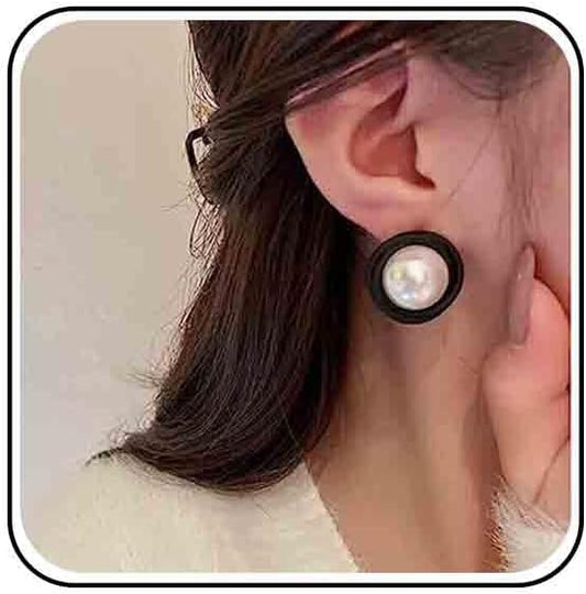 Vintage Mermaid Pearl Stud Earrings Half Pearl Earrings Black Enamel Circle Earrings Mermaid Stud Earrings Jewelry for Women and Girls-VivaGrace Women