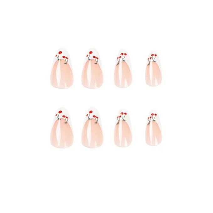 French Tip Almond White Fake Nails with Cherry Design - Nude Full Cover Cute False Reusable Artificial Acrylic Nails for Women & Girls - 24pcs