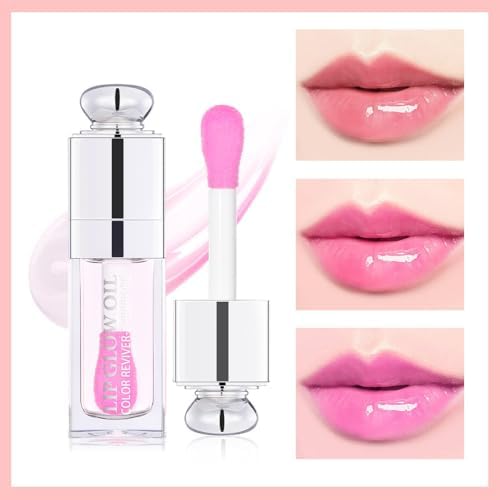 Plumping Lip Oil,Hydrating Gloss Tinted Lip Balm Transparent Lip Care,Big Brush Head Glitter Shine,Long Lasting Nourishing Non-sticky Fresh Textureand Dry Lips Care Products0.2 OZ(002#CLEAR TO PINK)-VivaGrace Women